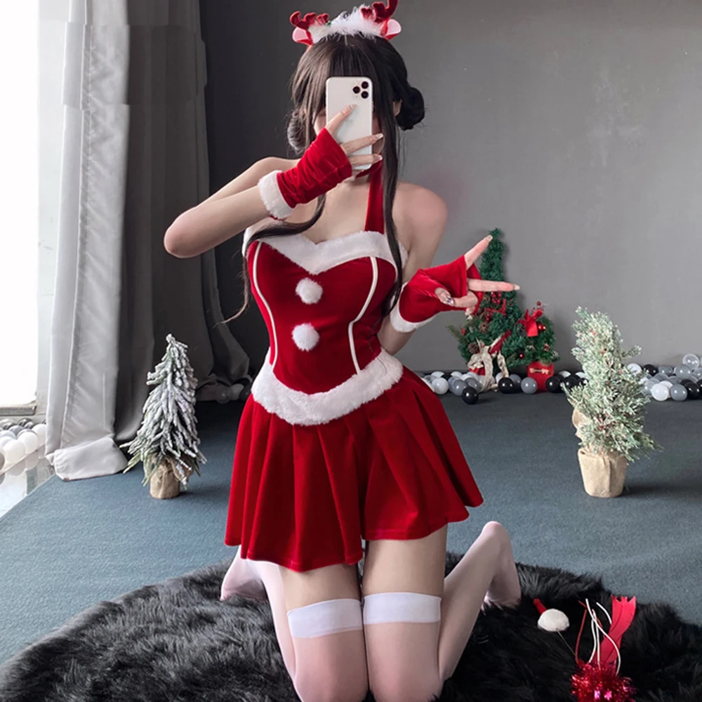 Mini vestido de terciopelo rojo de Navidad para mujer, traje de Cosplay de señora Mrs.Claus, lencería Sexy de invierno, vestido de noche de fiesta, conjunto de uniforme de sirvienta