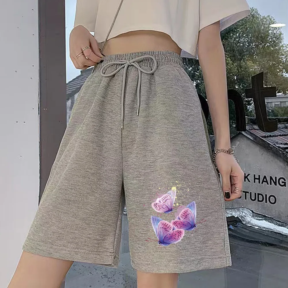 Women's Fashion Casual Shorts Butterfly Print Series Street Women Loose Shorts Students Harajuku Elastic Band Gray Cropped Pants