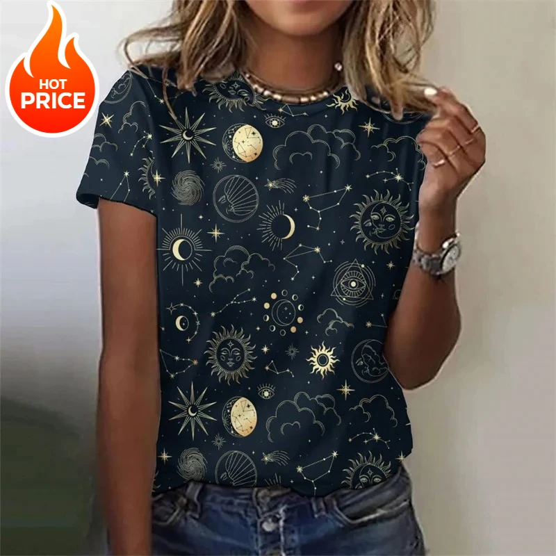 3D-gedrucktes Sonnensterne-Mond-T-Shirt für Frauen, Sternenhimmel-Grafik-T-Shirts, Sommer, lässige, lockere T-Shirts, Rundhalsausschnitt, kurze Ärmel