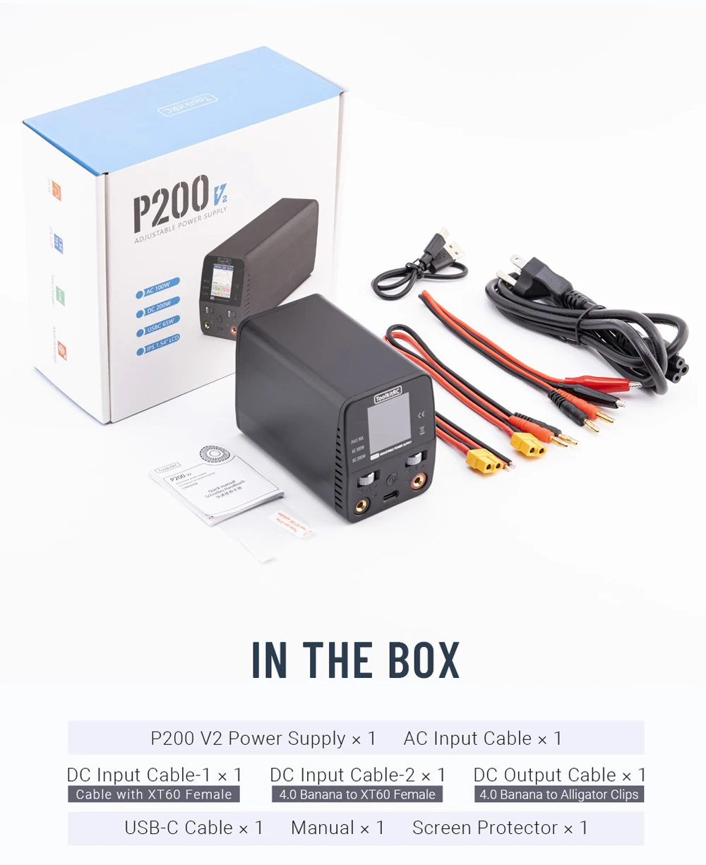 ToolkitRC P200 V2 Mini 30V AC100W DC200W 10A GaN قابل للتعديل سطح المكتب الصغير مصدر الطاقة USB الإخراج