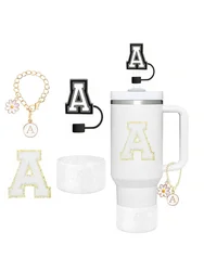 4Pcs Set for Stanley Cup Accessories, Including Initial Silicone Straw Lid, Name ID Letter,Self-adhesive Lette,Cup Sleeve