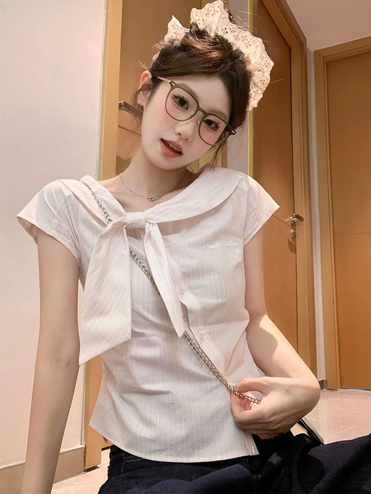 

Jmprs Bow Women Sweet Striped Shirt Casual Sexy Slim Short Sleeve Elegant Blouse Korean Fashion Female Design Summer Cute Tops