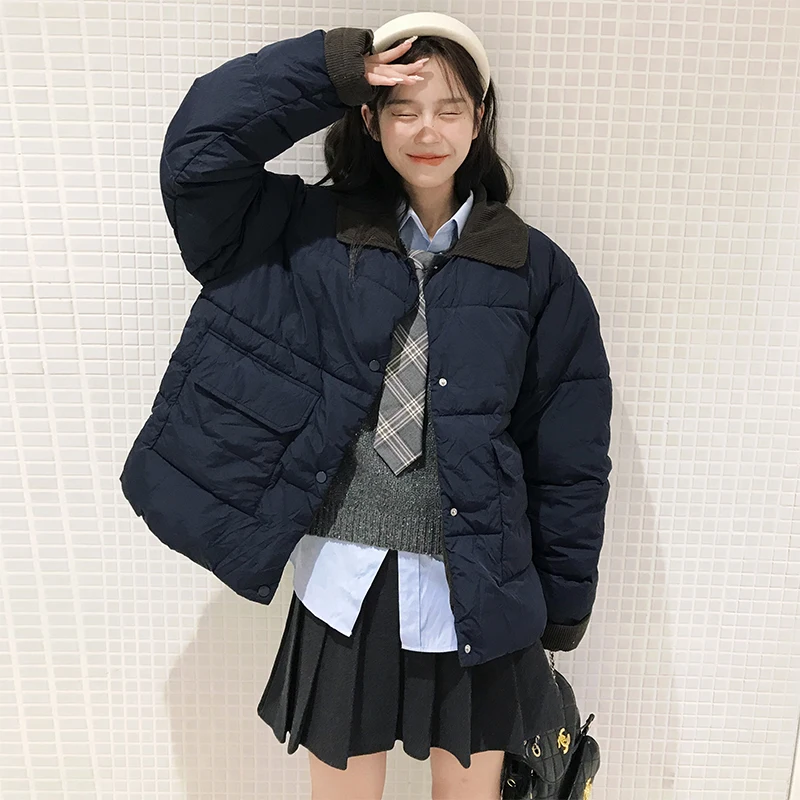 2024 Winter Women's Down Puffer Jackets Baggy Thickening Warm Flip Collar Korean Clothing Boutique Clothes Cotton Padded Coats