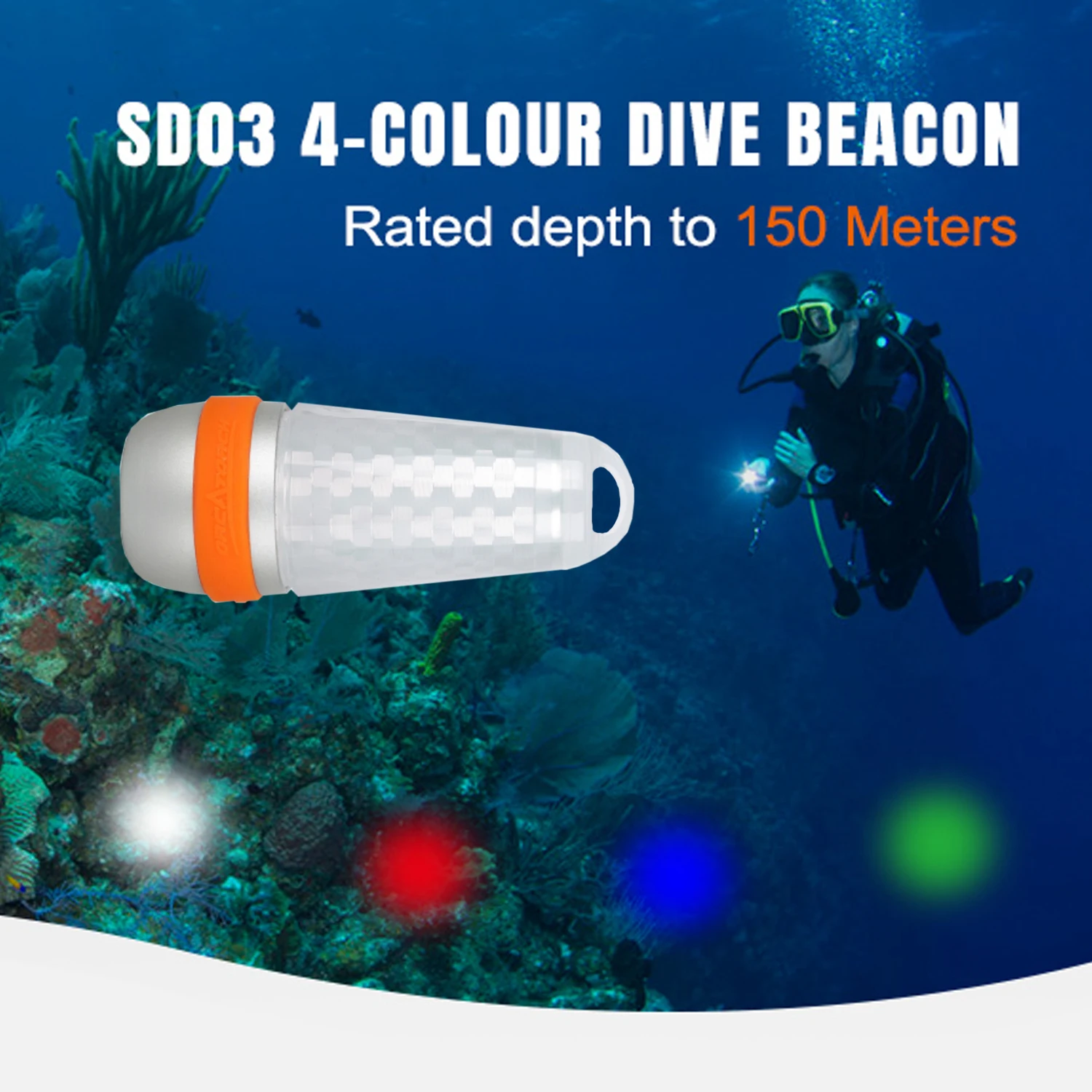 ORCATORCH SD03 Balise de plongée 4-Color-in-1 lumière de Signal de plongée avec 8 Modes Lumière de marqueur LED pour 150M plongée sous-marine de nuit