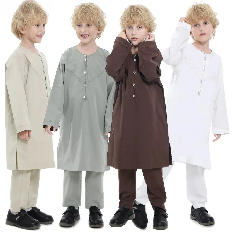 Dubai Abaya Suit Jubba Thobe For Children Arabia Muslim Prayer Baby Big Boy Qatar Pakistan Shirts and Trousers 2 Pieces Suits