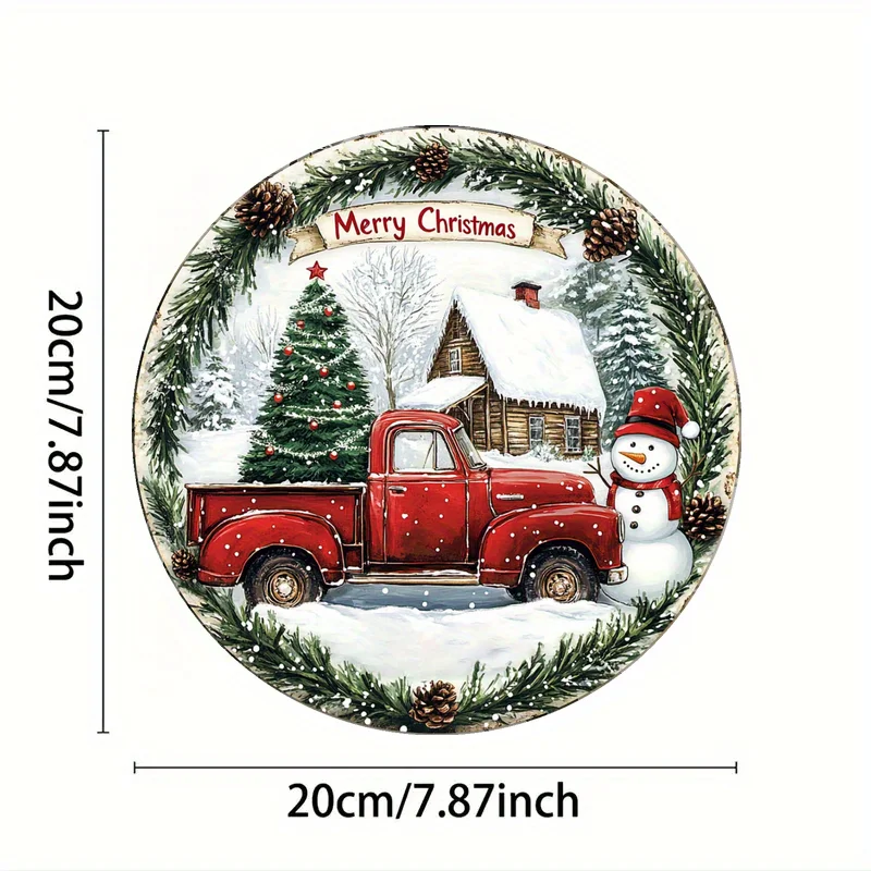 8 Inch Aluminum Christmas Wall Decor - Vintage Snowman & Red Truck Embossed Holiday Scene with Merry Christmas Banner