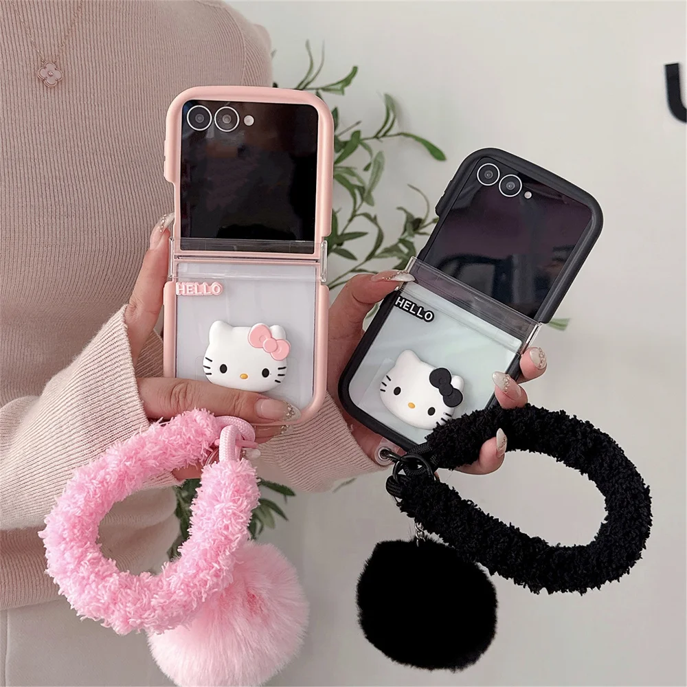 

Cute 3D HelloKitty phone case for Samsung Galaxy Z Flip7 6 5 Flip6 7 FE Flipp5 6 cover with plush Chain Shockproof Funda Capa