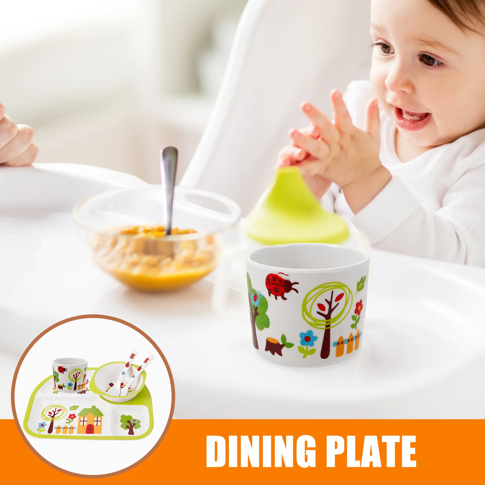 

Bamboo Fiber Bowl Shatter-Resistant Dinner Tray For Toddlers Baby Separate Plates Drop-Proof Dishes Kids Feeding Set Green