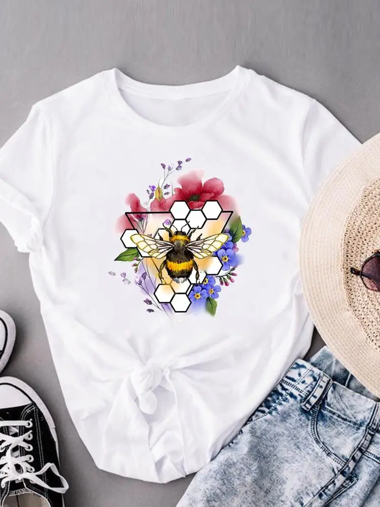 

Fashion Short Sleeve Summer T Clothing Clothes Bee Letter Flower Trend Cute 90s Women Female Print Graphic Tee Casual T-shirts