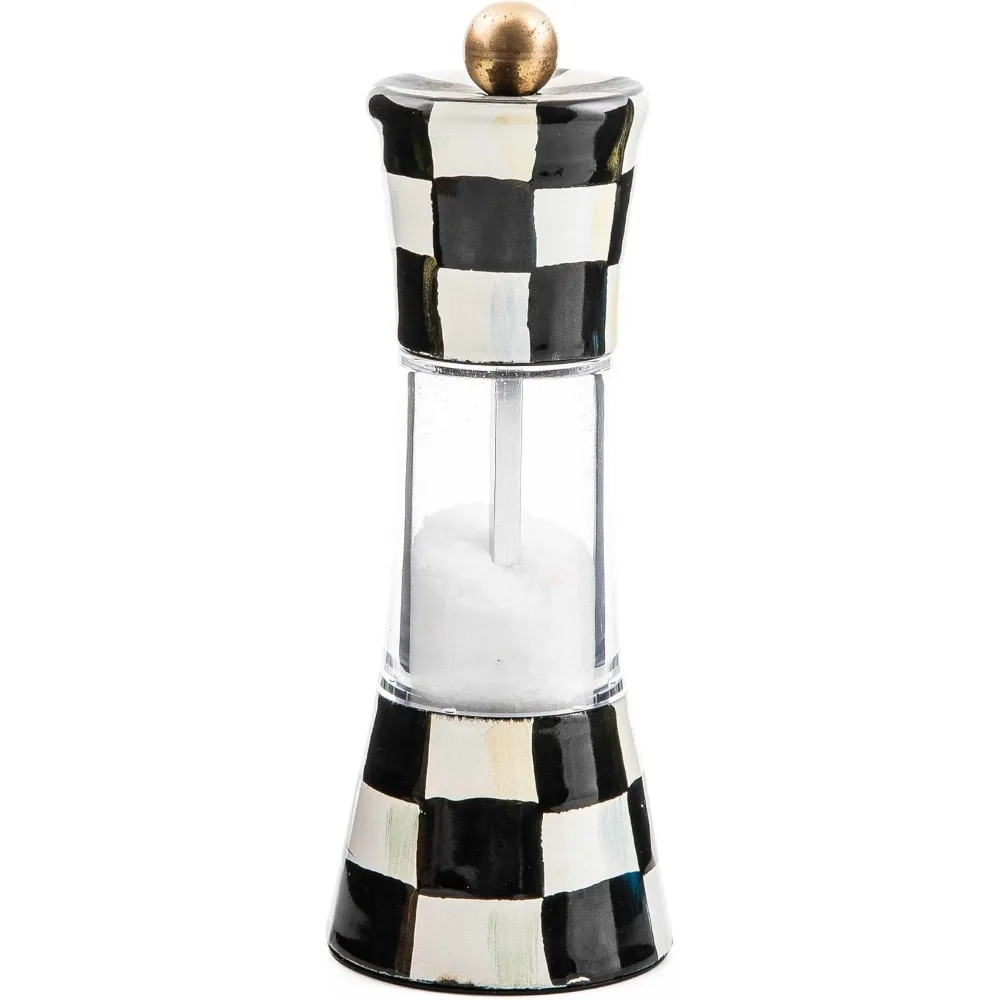 

mackenzie-childs enamel grinder, refillable manual salt grinder and pepper grinder, black-and-white courtly check