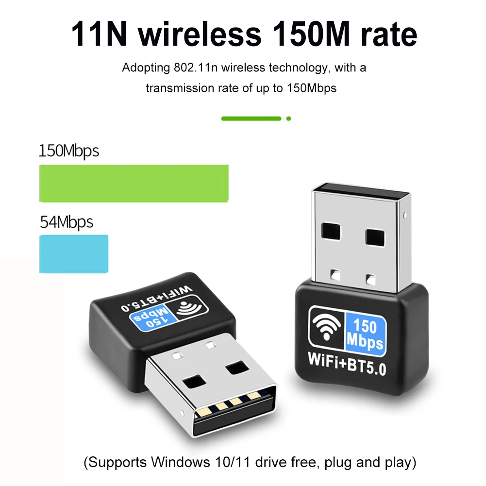 미니 USB 무선 와이파이 어댑터, 블루투스 5.0, IEEE 802.11N 어댑터, 네트워크 카드, 외부 수신기, 데스크탑용 와이파이 동글, 150Mbps