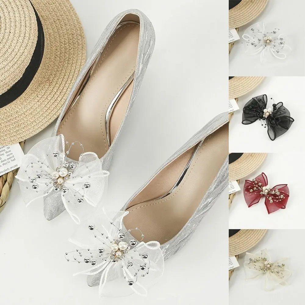 Decoraciones de zapatos de mujer con perlas, diseño de lazo brillante, accesorios de hebilla, bolsos/ropa/zapatos DIY, joyería de flores, 1 ud.