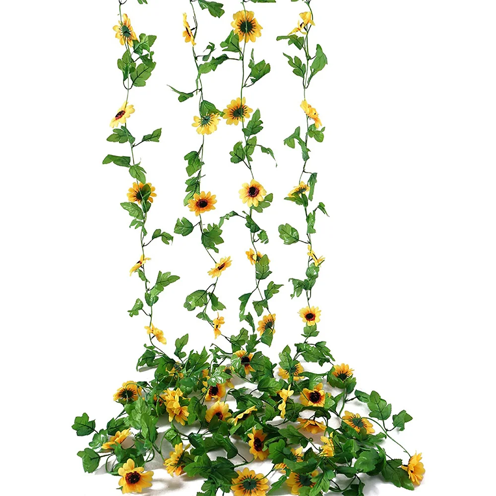 

4 Pcs Artificial Sunflower Garland,Silk Sunflower Vine with Leaves,Faux Flowers Wall Hanging for DIY Wreath Decor