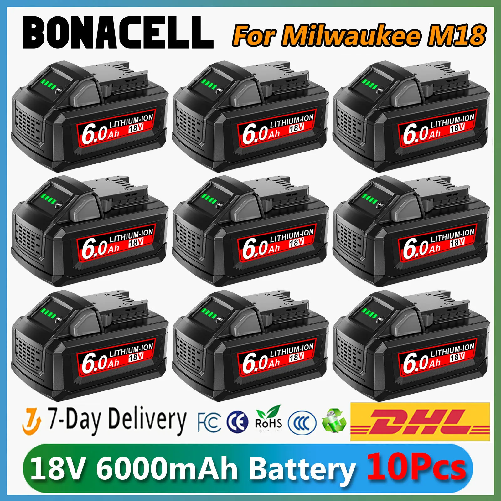 For Milwaukee M18 6000mAh Battery 18V Li-Ion M18B5 48-11-1860 48-11-1850 48-11-1840 48-11-1830 48-11-1820 Replacement Batteries