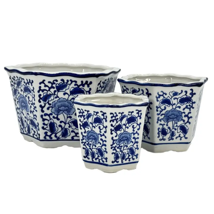 

Набор из 3-х садовых кашпо International Blue & White Floral Porcelain Ceramic Decorative Flower Pot 8 6 4.5 в китайском азиатском стиле