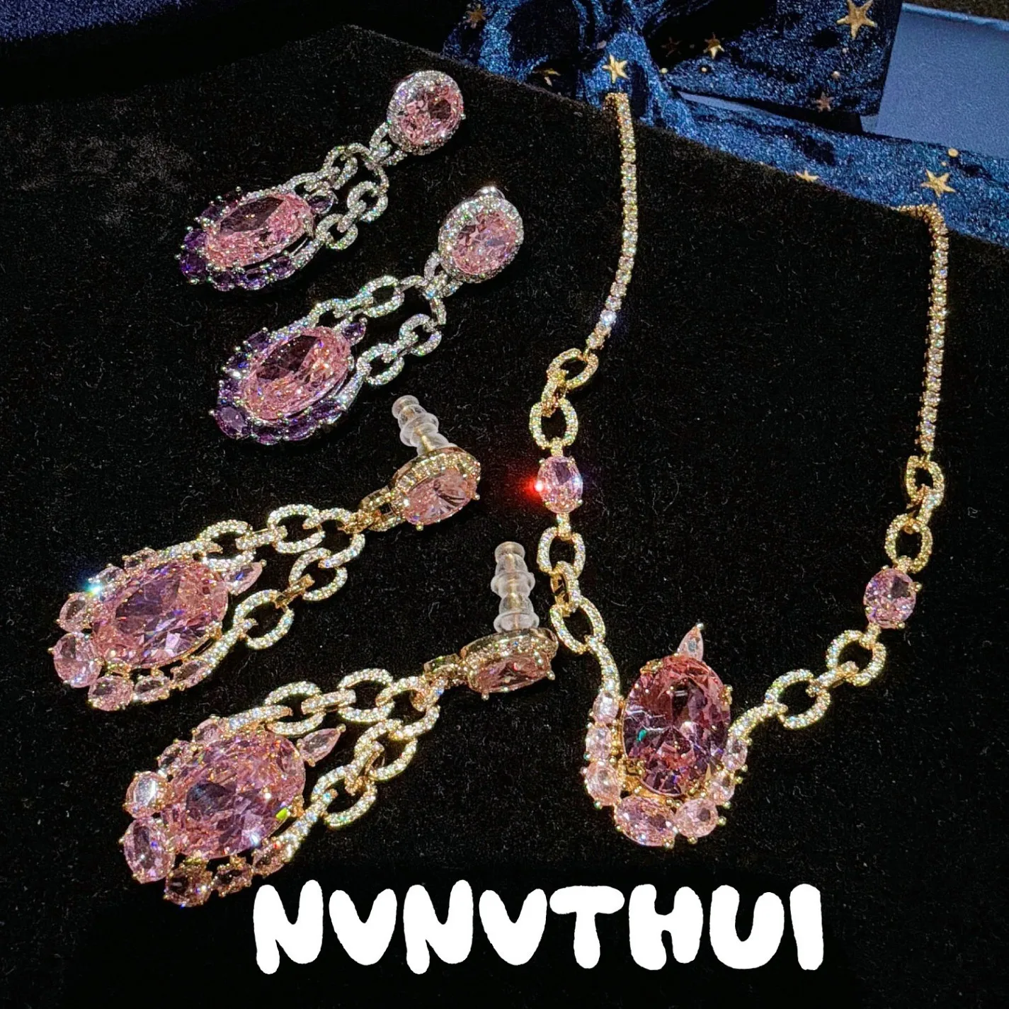 

Dopamine Big Carat Water Drop Powder Gemstone Chain Earrings Necklace Set
