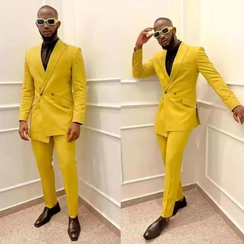 

Yellow Suits for Men Double Breasted Peaked Lapel Prom Party Outfits 2 Piece Jacket Pants Special Occasion Clothing Men's Suits