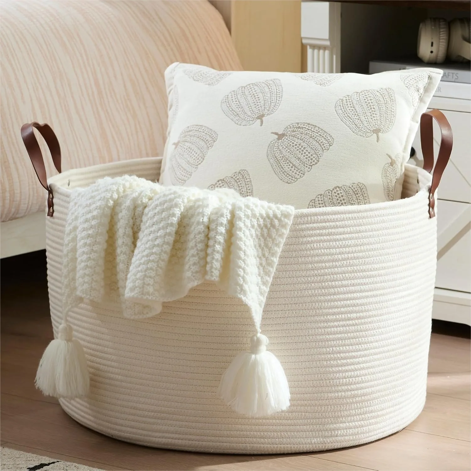 

Large Nursery Storage Basket, 22x22x14 Inches - 100% Cotton Rope with Handles, Laundry Basket for Toys, Blankets & Pillows, Off