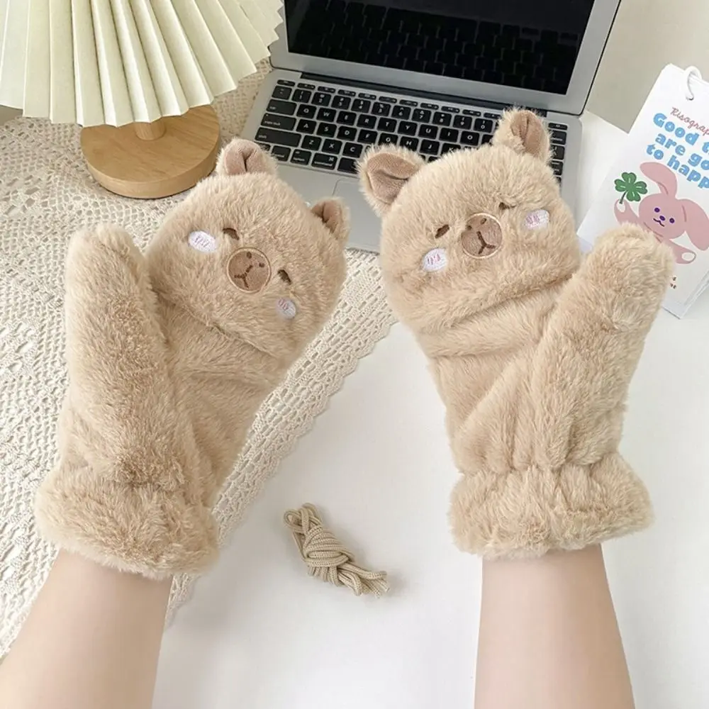 Soft Cute Capybara Scarf Gloves Set Fur Warm Plush Capibara Flip Gloves Thicken Windproof Winter Kapibara Mitten Riding