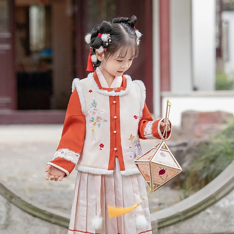 Ming Dynasty Hanfu Girls Three-Piece Set 2022 Autumn New Chinese Style Modified Costume Horse Face Skirt Little Girl Tang Dress