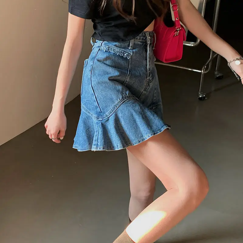 Women's Plus Size Denim Midi Skirt High Waist Slimming Ruffles Short Shorts Spring New A-Line Fish Tail Dress