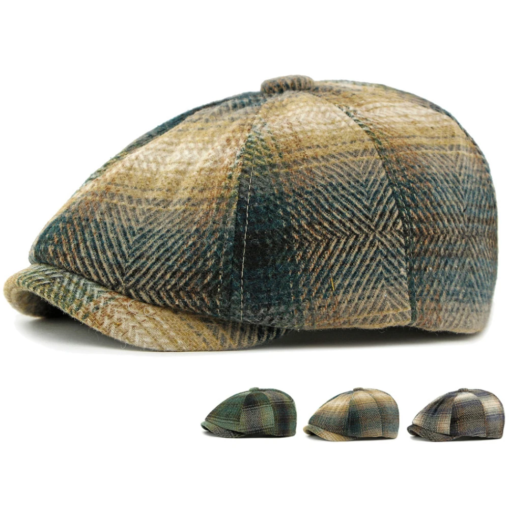

HT4883 Mens Berets Women Autumn Winter Plaid Wool Beret Hat Artist Painter Octagonal Flat Cap Male Female Adjustable Beret Caps