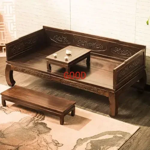 ~L Elm Arhat Bed Solid Wood Chinese Sofa Bed Hotel Tea House Antique Carved Classical Simplicity Zen Bed