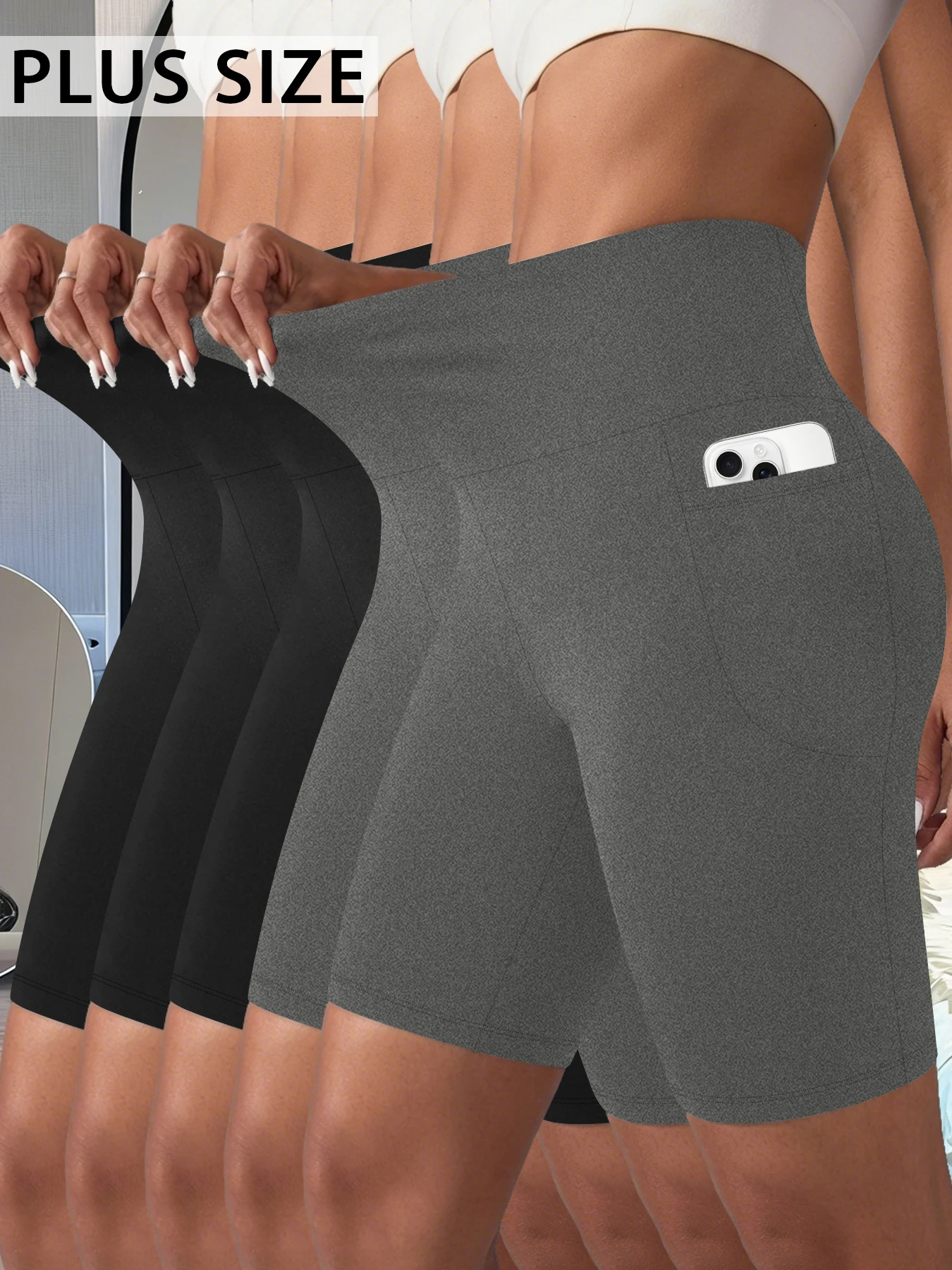 

Набор из 5 штук: женские спортивные шорты больших размеров с карманами, высокая талия 5 дюймов, супермягкие, с эффектом утяжки живота, не просвечивают.