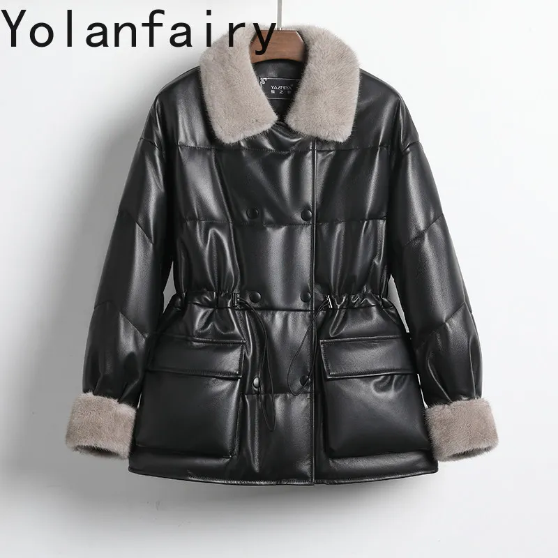 YOLANFAIRY Real Sheepskin Leather Down Coat Mid-length Genuine Leather Jacket Women Mink Fur Collar Thickened Winter Outerwear