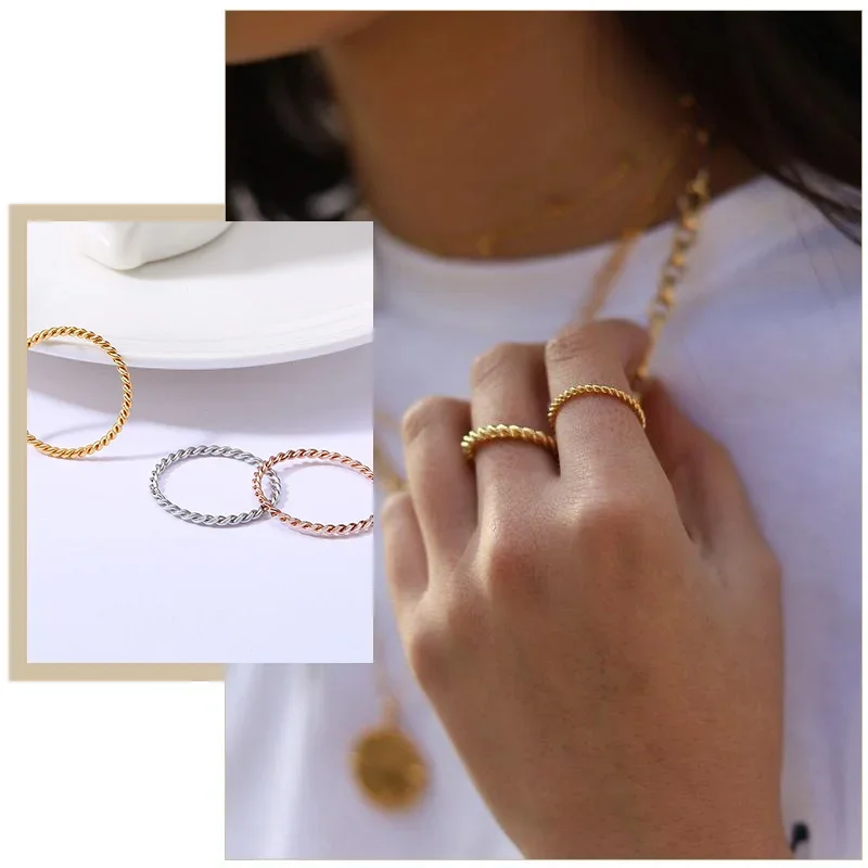 خاتم نحيف بحبل ملتوي أنيق للنساء، خواتم زفاف معدنية من الفولاذ المقاوم للصدأ، مجوهرات حفلات عتيقة بسيطة وأنيقة جديدة