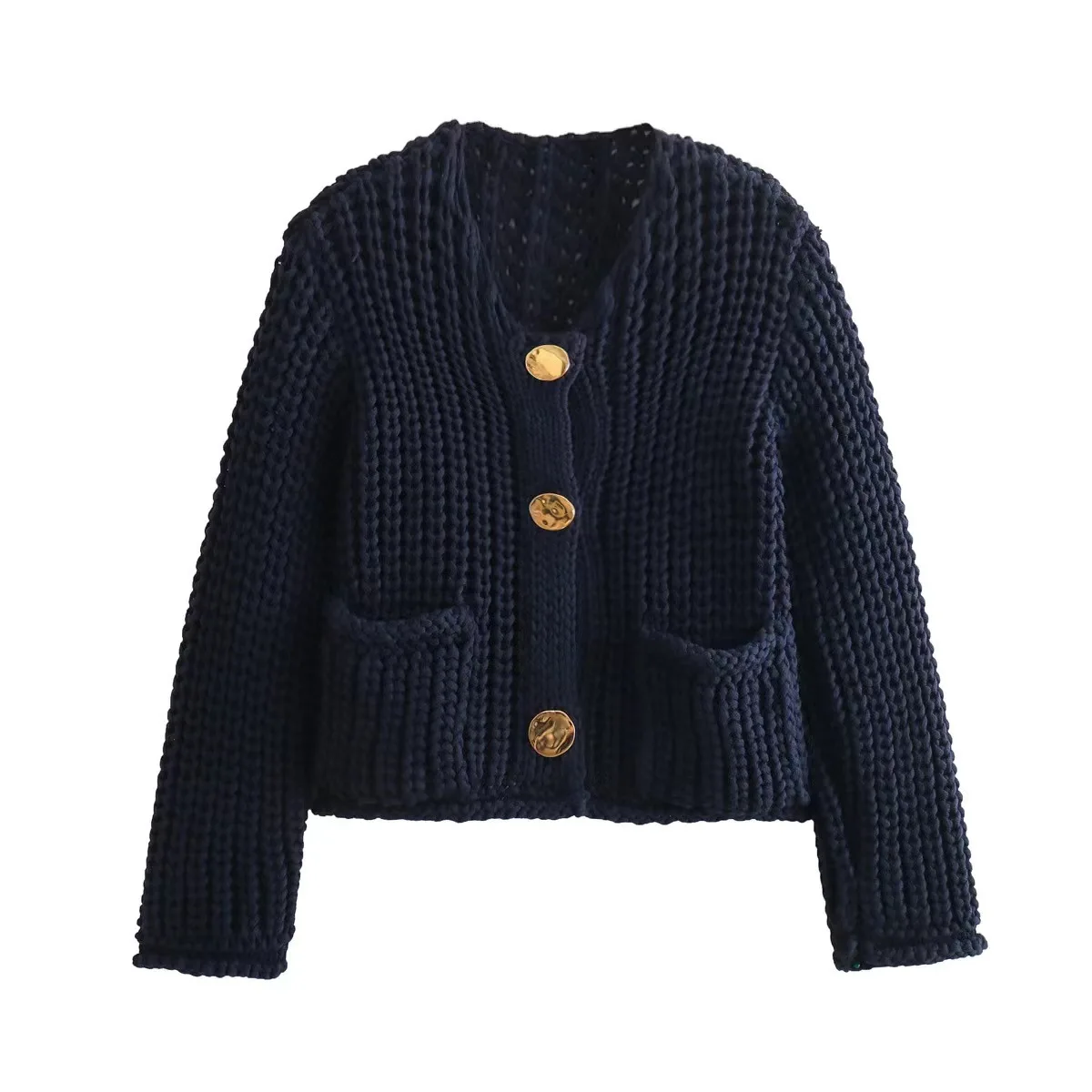 

Women's Single Row Round Button Double Pocket Cardigan Knitted Sweater 005