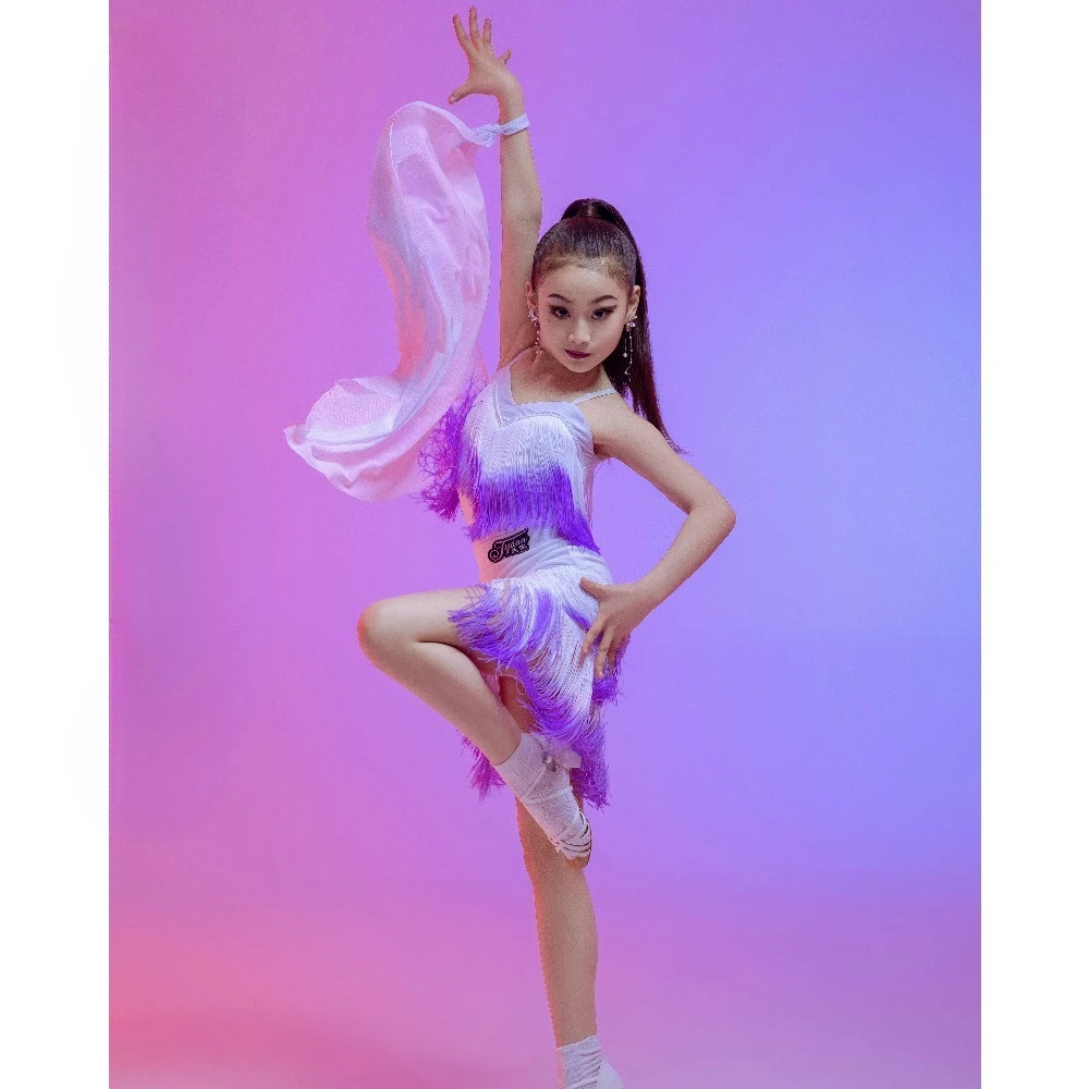 Girls Gradient Fringe Latin Dance Dress Kids Sleeveless Tassel Ballroom Tango Performance Costume Set