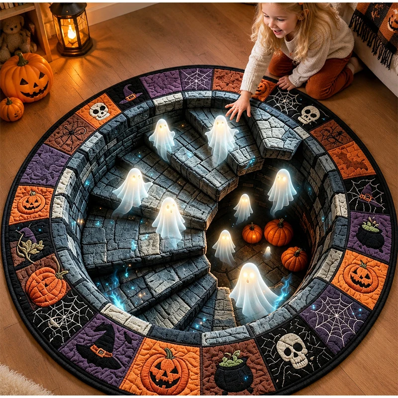 Halloween 3D Vortex Visual Trap Round Rug Ghost Well Pit Non Slip Floor Mat Entryway Bedroom Spooky Home Party Decor Soft Rug