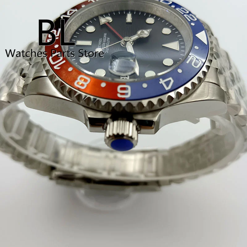 BLIGER 40mm Dive Automatic Men Watch NH34 GMT Black Dial Red GMT Letter Jubilee Bracelet Red Blue Pepsi Color Ceramics Bezel