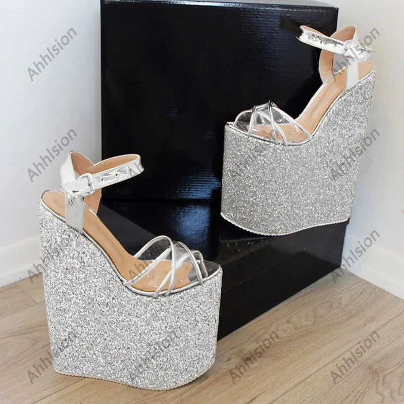 Ahhlsion New Women Ankle Strap Sandals Glitter Wedges High Heel Open Toe Gorgeous Gold Champagne Shoes Ladies US Plus Size 4-15