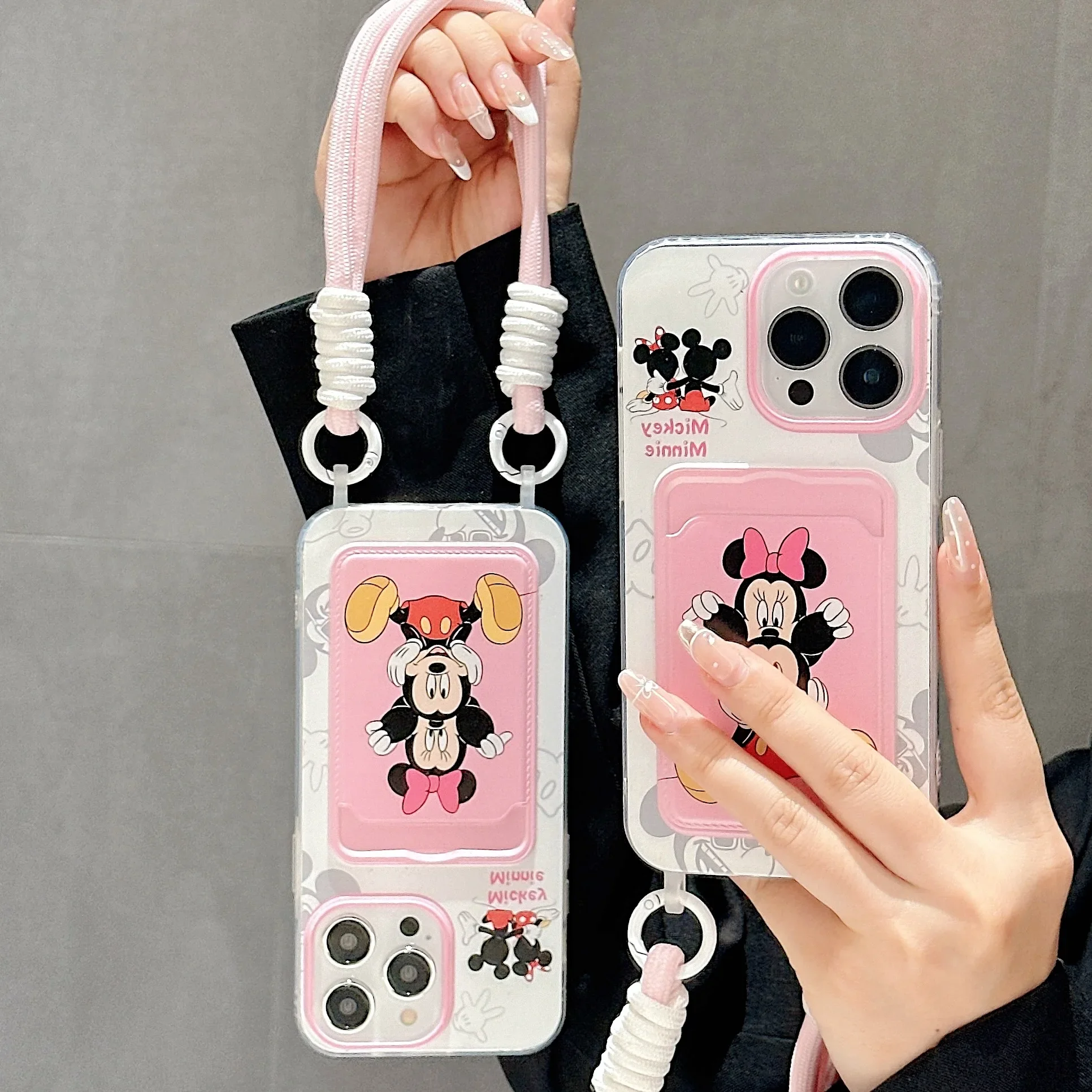 Cute Disneies Mickey Minnie With Lanyard Card Pocket Phone Case For iPhone 16 15 14 13 12 11 Pro Max Drop-resistant Back Cover