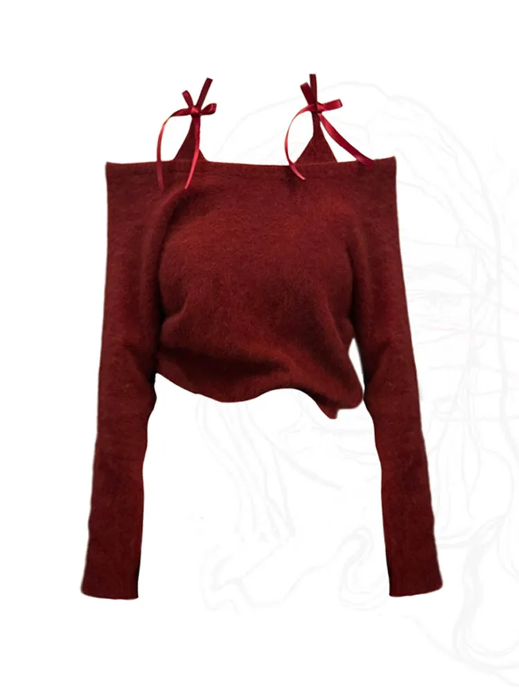 Harajuku Red Knitted Pullovers Women Long Sleeve Autumn Winter Slash Neck Bow Off Shoulder Sweater Korean Christmas High Street