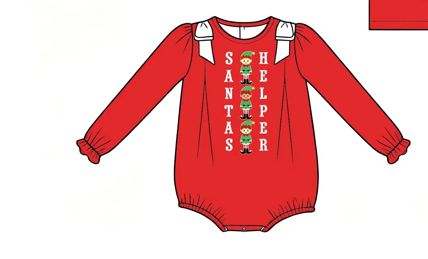 Wholesale Kids Christmas Elf Print Outfit Red Girls Dress Romper Boys Long Sleeve Top Green Pants Set