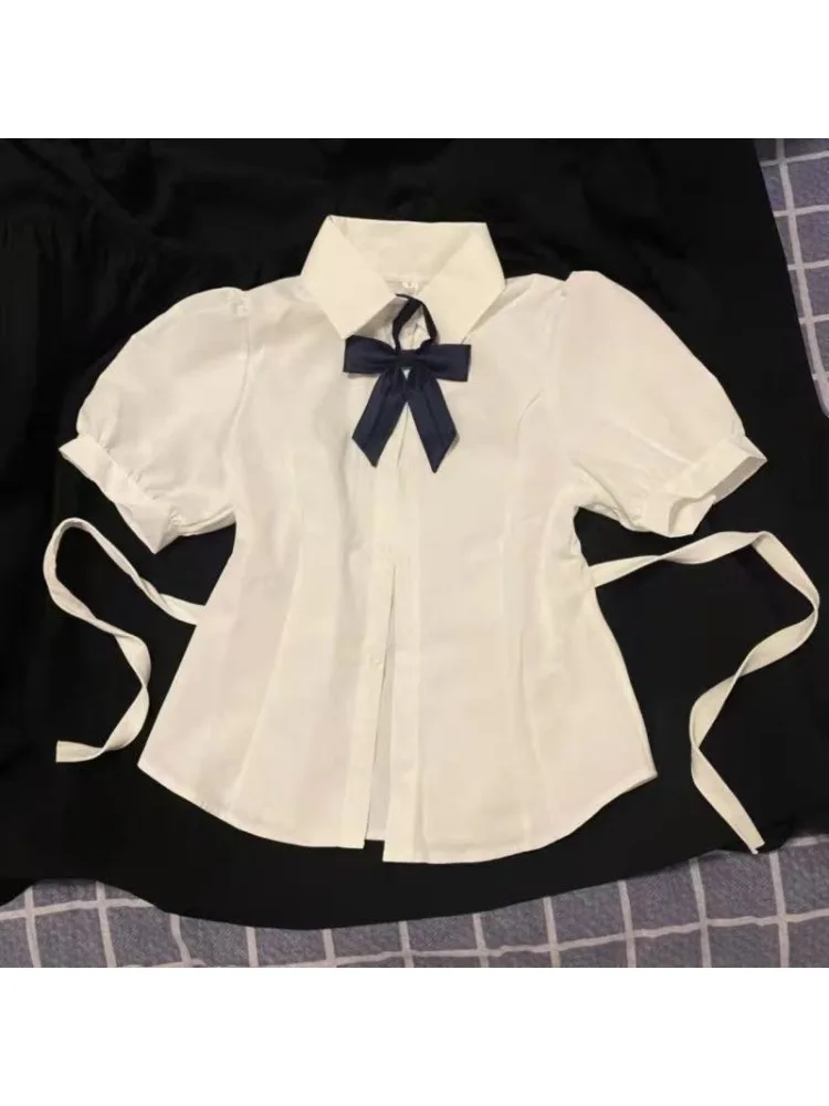 

Korean Fashion 2024 New Spring/Summer Sexy Girl Short Sleeve Preppy Style Slim JK Bandage Shirt Women's Bow Tie Neck Blouse Top