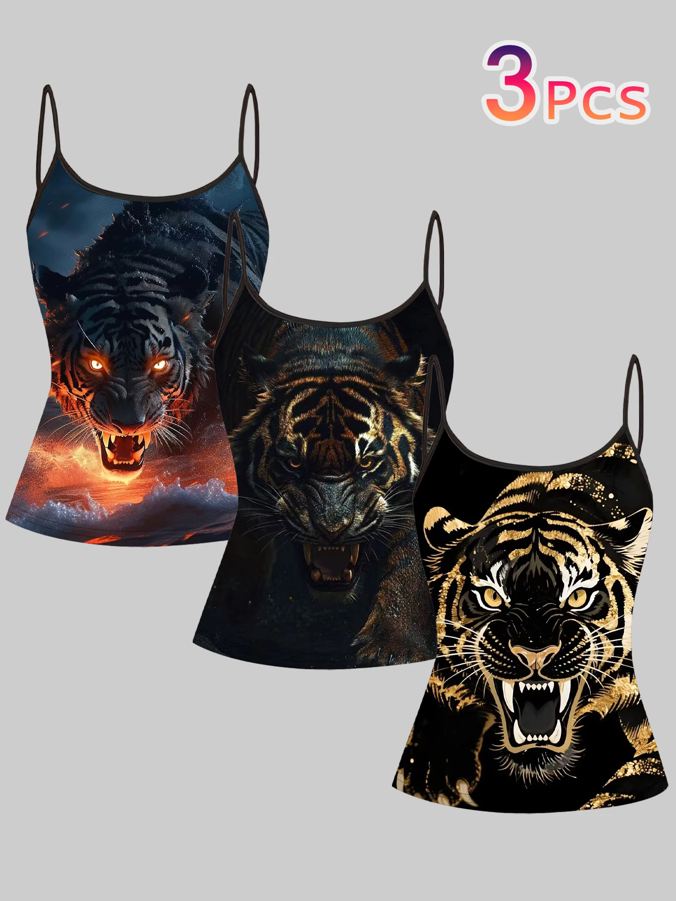 3-Piece Set of Fierce Tiger Print Camisoles for Women, Dark Flame Beast Personality Slim-Fit Sleeveless Hot Girl Inner Wear Tops