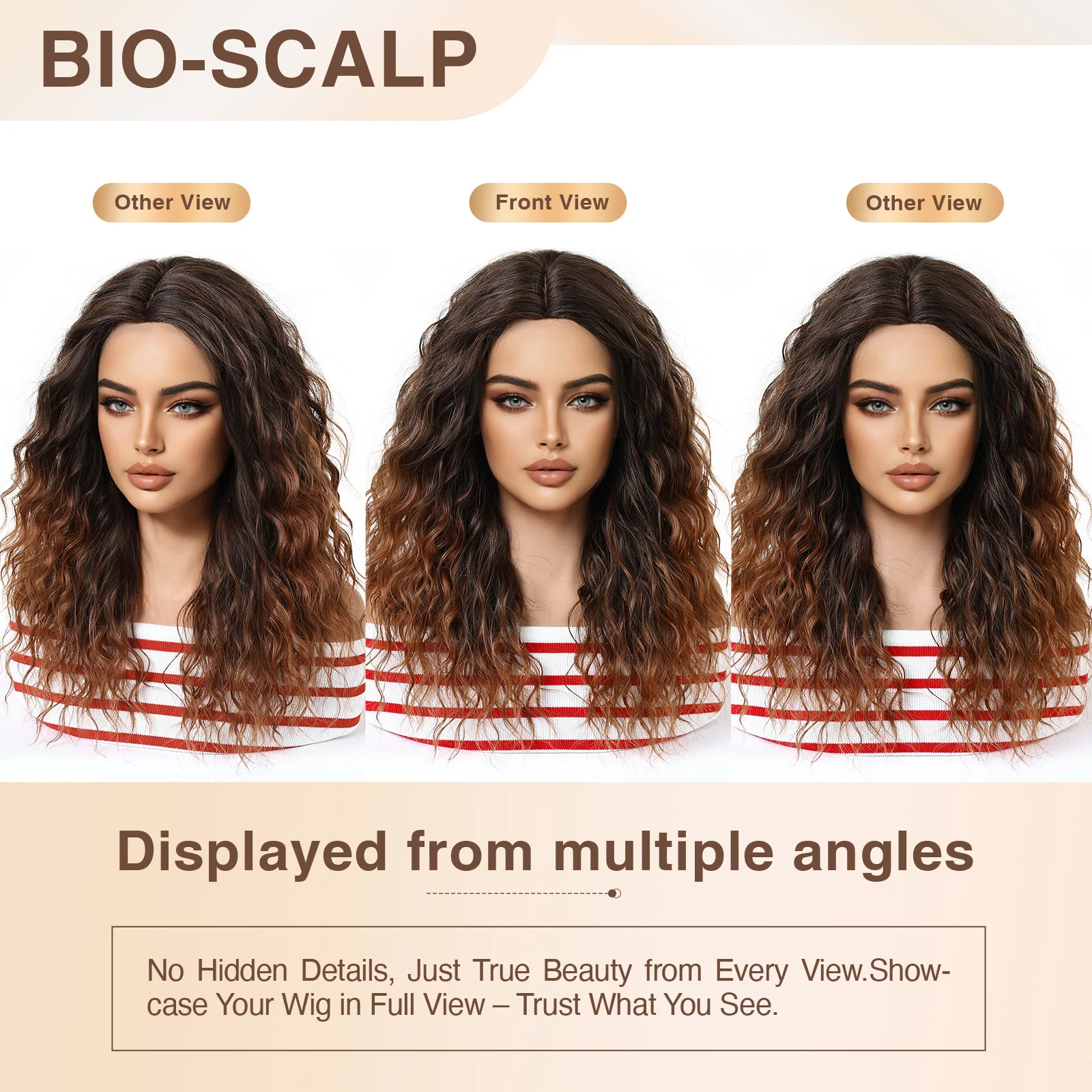 Long Curly Ombre Brown to Blonde Wig with Bangs Heat Resistant Synthetic Fiber Natural Looking Voluminous Curls for Women Daily