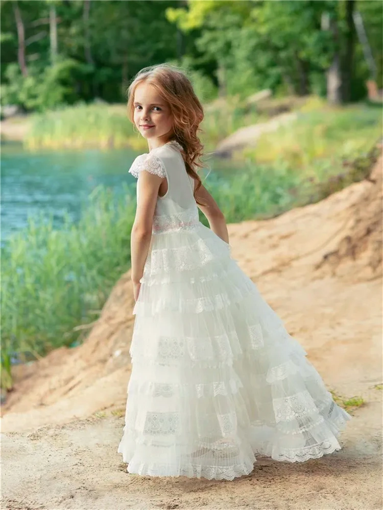 

Elegant Lovely White Tulle Lace Printing Layered First Communion Gowns Flower Girl Dress Princess Ball Lovely Kids Birthday Gift