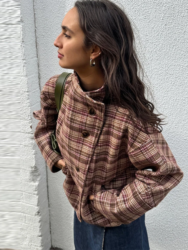 

Stand Neck Plaid Jackets Women Elegant Full Sleeve Single Breasted Pockets Coat Female Autumn Chic Casual Street Jackets Coats