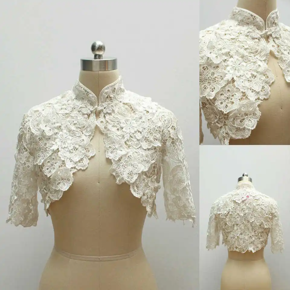 

Vintage Wedding Shawl High Neck Appliques Lace Bride Jackets Classic Half Sleeve Jacket For Strapless Bridal Dress Customized