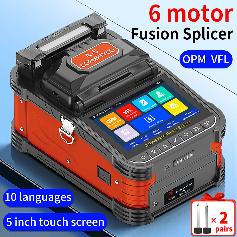 6 Motors A-5 Fiber Optic Fusion Splicer Hot Melt Machine 10 Languages Optical Fiber Core Splicing Machine Built-in VFL and OPM