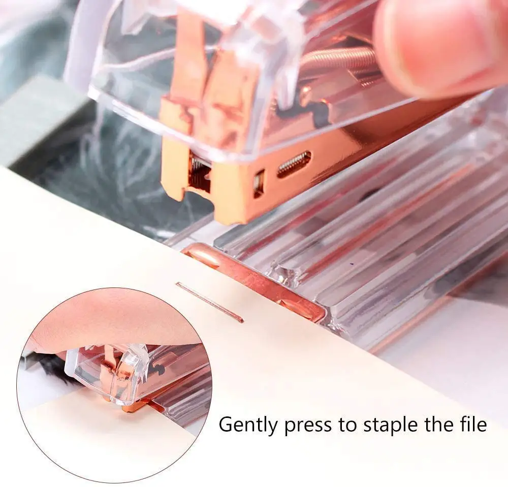 Small Office Stapler,Transparent Spring Powered Desktop Standard Stapler with Free 1000 Pieces Standard Staples - Rose Gold