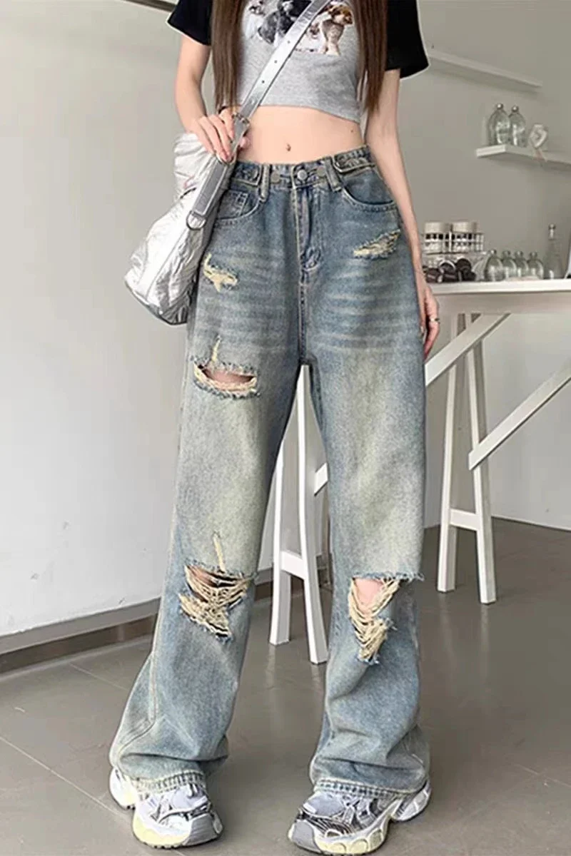 plus Size Women's Vintage Adjustable Waist Wide Leg Jeans Spring Summer High Waist Straight Long Pants Floor Length Trousers