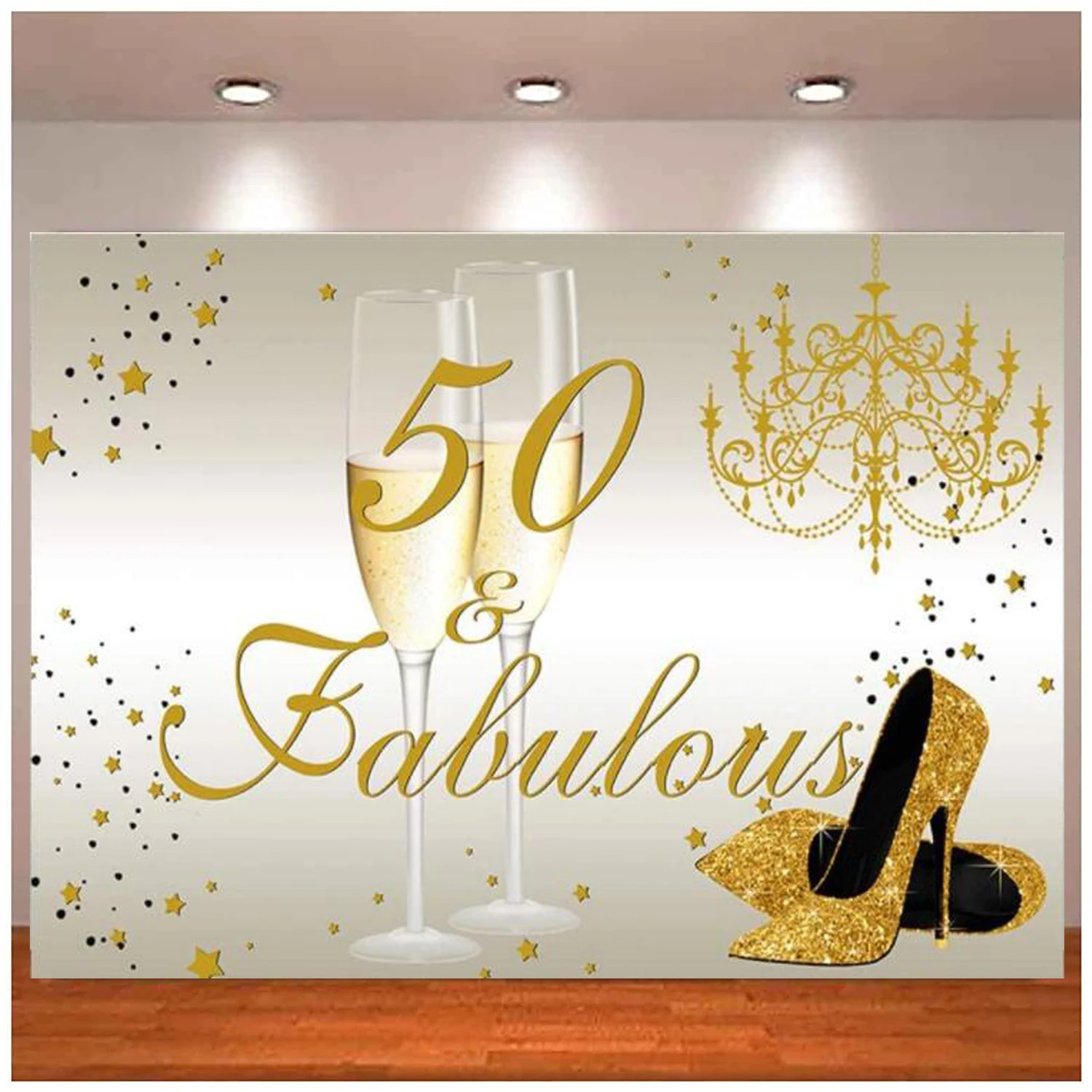 Happy 50th Birthday Photography Backdrop For Women Decor Banner Gold High Heels And Champagne Fabulous Background Studio Props