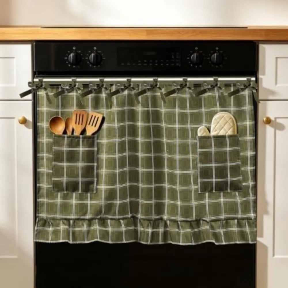 Pastoral Style Oven Skirt Curtain Checkered Decorative Tie Top Stove Cover with Ruffle Trim Heat Resistant Farmhouse Oven Cover