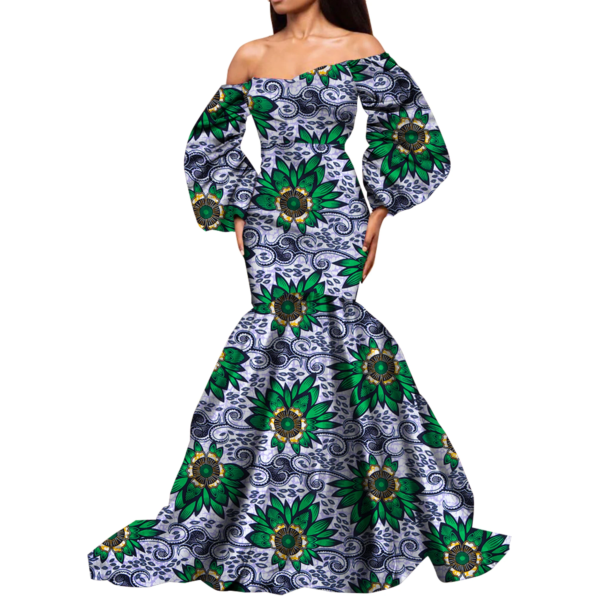 

Dashiki African Dresses for Women Daily Party Wedding African Women Dresses Floor-Length Long Puff Sleeve Bandeau Dress Kg1092